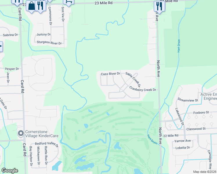 map of restaurants, bars, coffee shops, grocery stores, and more near 22519 Manistee River Drive in Macomb