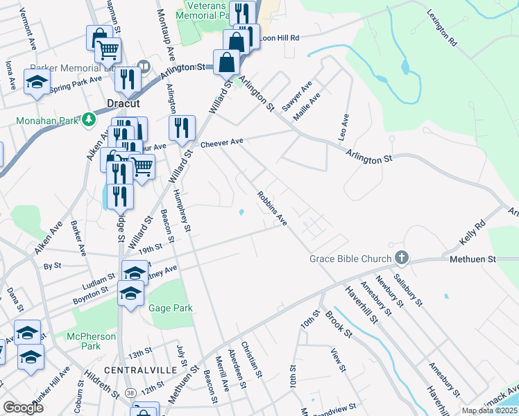 map of restaurants, bars, coffee shops, grocery stores, and more near 650 Robbins Avenue in Dracut