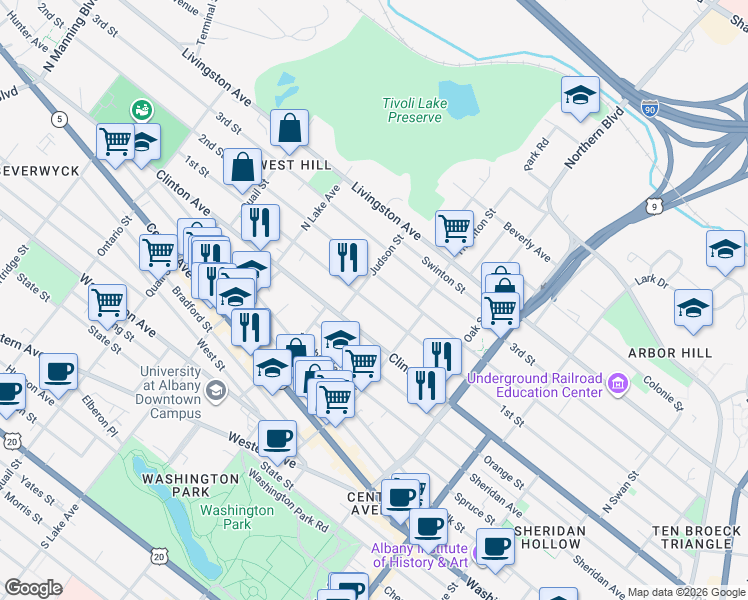 map of restaurants, bars, coffee shops, grocery stores, and more near 19 Judson Street in Albany