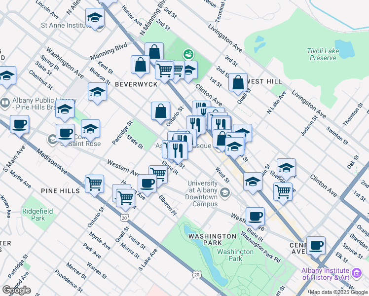 map of restaurants, bars, coffee shops, grocery stores, and more near 133 Quail Street in Albany