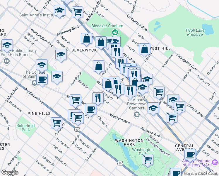 map of restaurants, bars, coffee shops, grocery stores, and more near 537 Washington Avenue in Albany