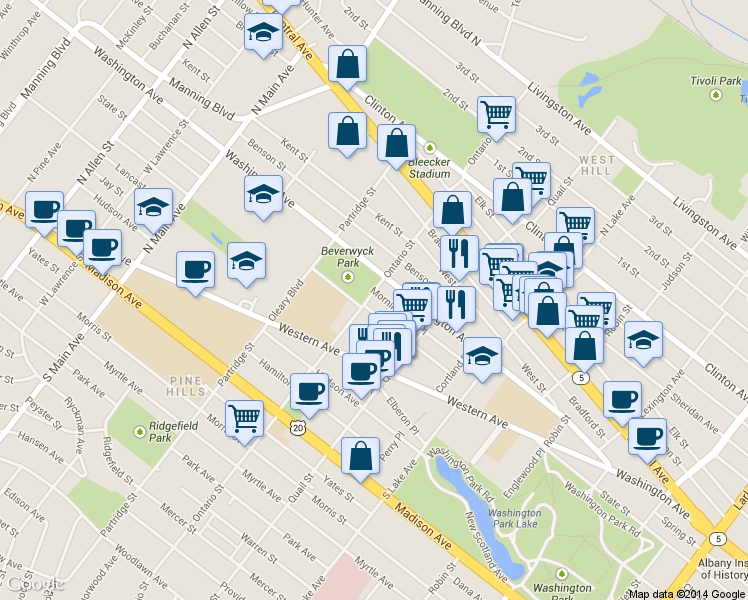 map of restaurants, bars, coffee shops, grocery stores, and more near 182 Ontario Street in Albany