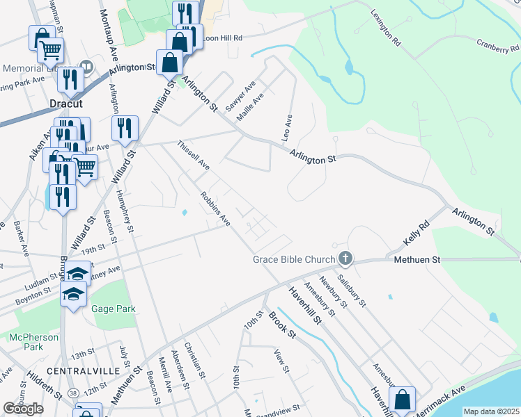map of restaurants, bars, coffee shops, grocery stores, and more near 132 Thissell Avenue in Dracut
