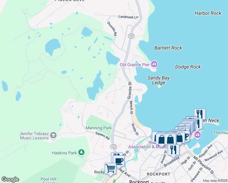 map of restaurants, bars, coffee shops, grocery stores, and more near 2 Prides Lane in Rockport