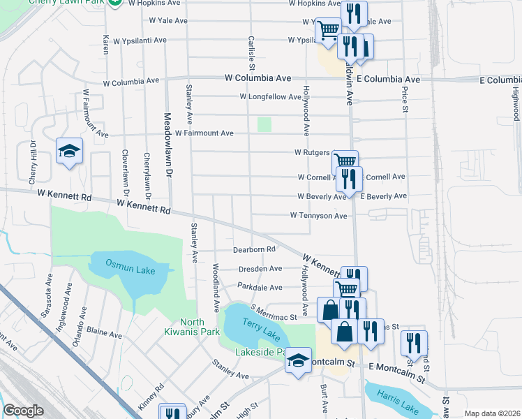 map of restaurants, bars, coffee shops, grocery stores, and more near 145 West Beverly Avenue in Pontiac