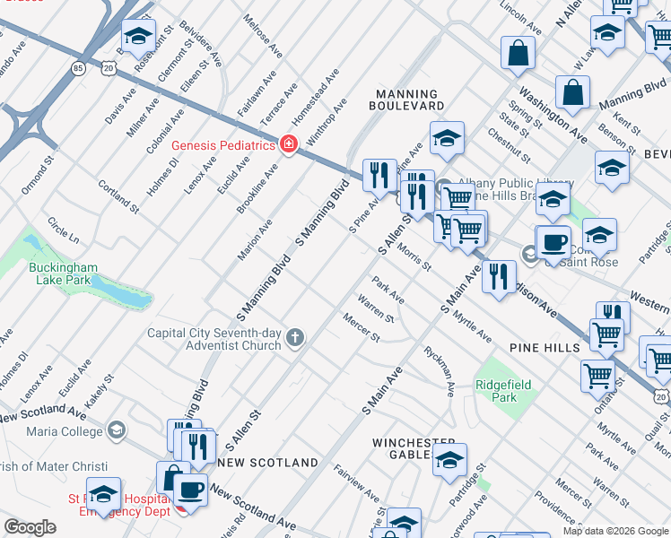 map of restaurants, bars, coffee shops, grocery stores, and more near 73 South Pine Avenue in Albany