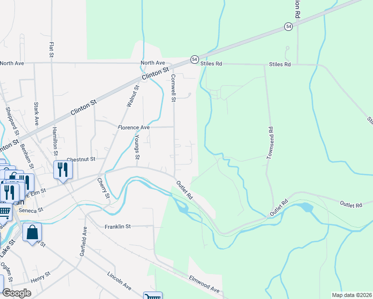 map of restaurants, bars, coffee shops, grocery stores, and more near 10-12 Serenity Place in Penn Yan