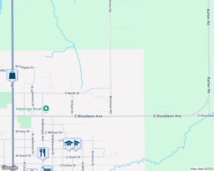 map of restaurants, bars, coffee shops, grocery stores, and more near 651 East North Street in Hastings