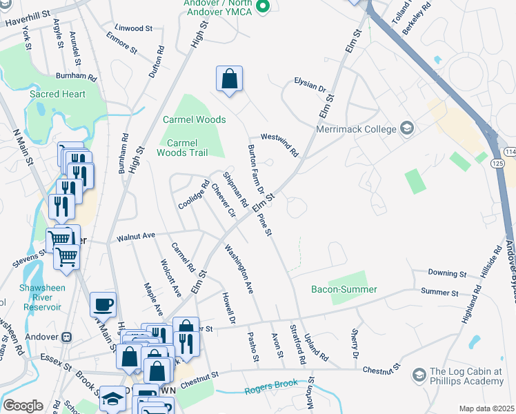 map of restaurants, bars, coffee shops, grocery stores, and more near 128 Elm Street in Andover