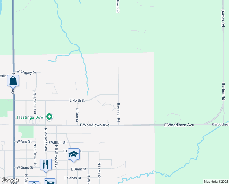 map of restaurants, bars, coffee shops, grocery stores, and more near 651 East North Street in Hastings