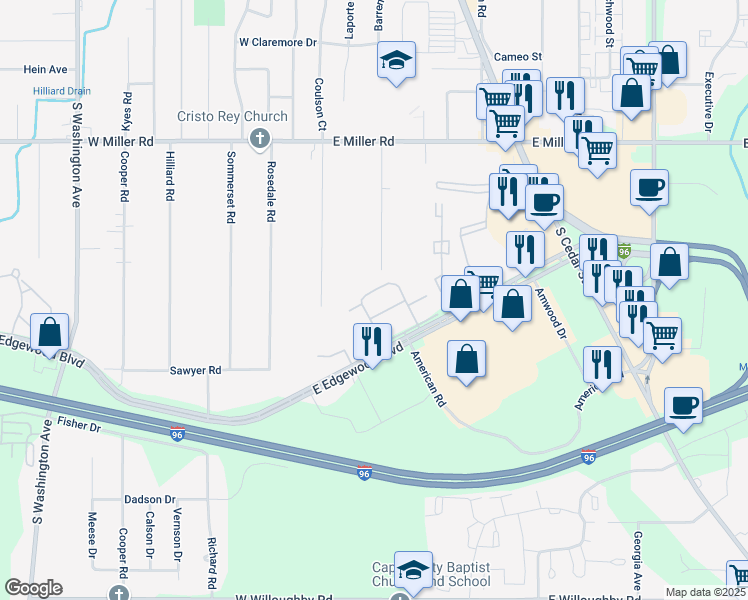 map of restaurants, bars, coffee shops, grocery stores, and more near 319 East Edgewood Boulevard in Lansing