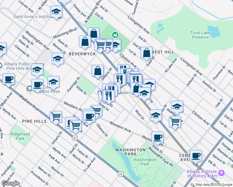 map of restaurants, bars, coffee shops, grocery stores, and more near Quail Street & Benson Street in Albany