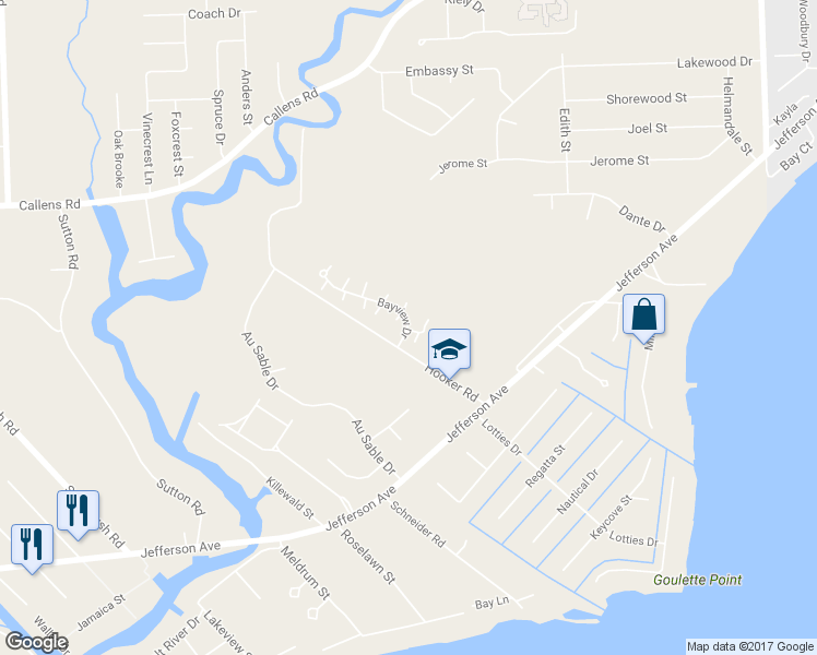 map of restaurants, bars, coffee shops, grocery stores, and more near 33789 Bayview Drive in New Baltimore