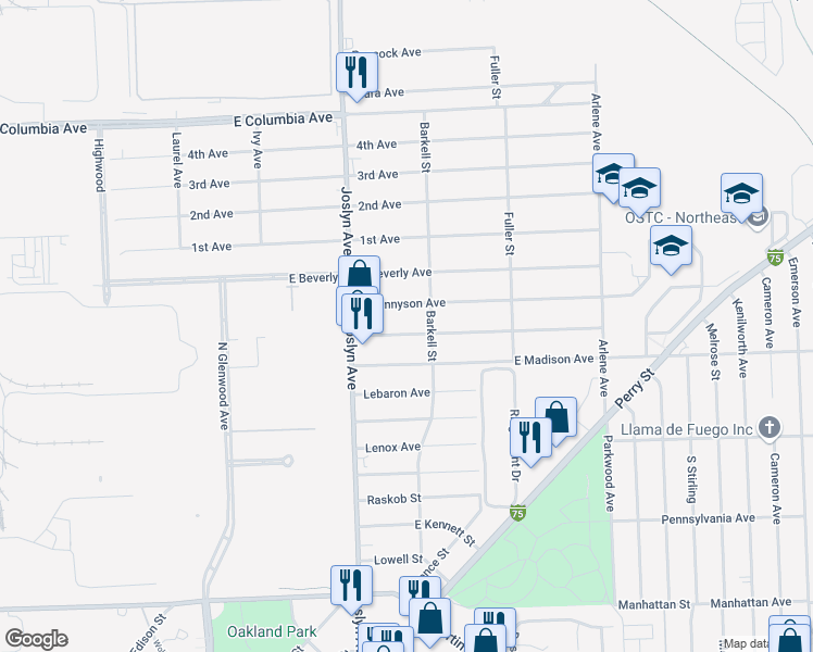 map of restaurants, bars, coffee shops, grocery stores, and more near 591 East Mansfield Avenue in Pontiac