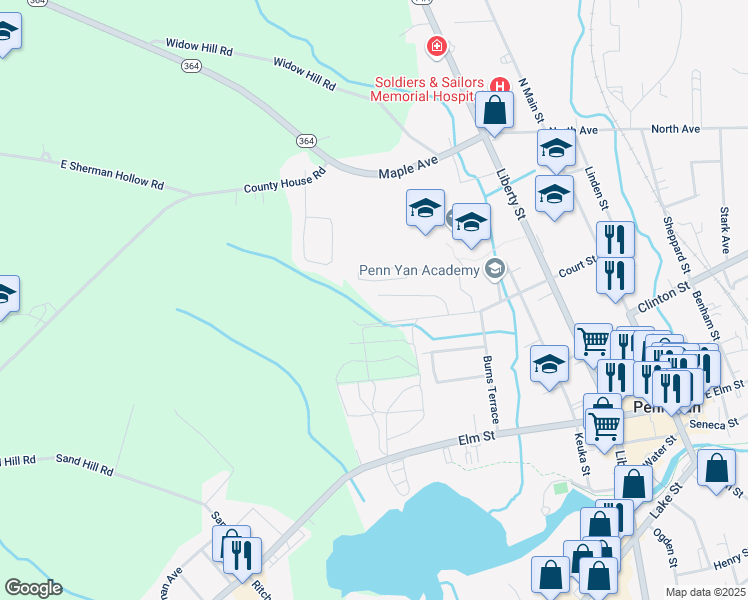 map of restaurants, bars, coffee shops, grocery stores, and more near 131 Highland Drive in Penn Yan