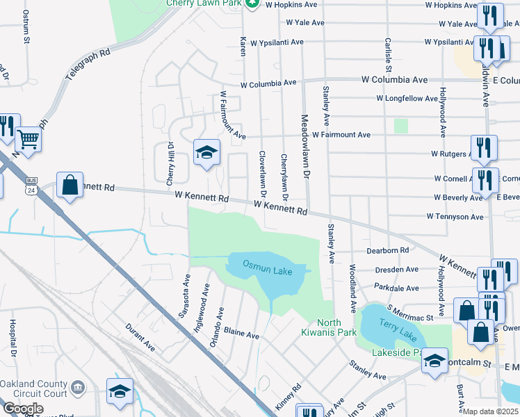map of restaurants, bars, coffee shops, grocery stores, and more near 383 West Kennett Road in Pontiac