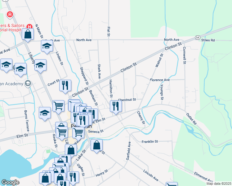 map of restaurants, bars, coffee shops, grocery stores, and more near 125 Hamilton Street in Penn Yan