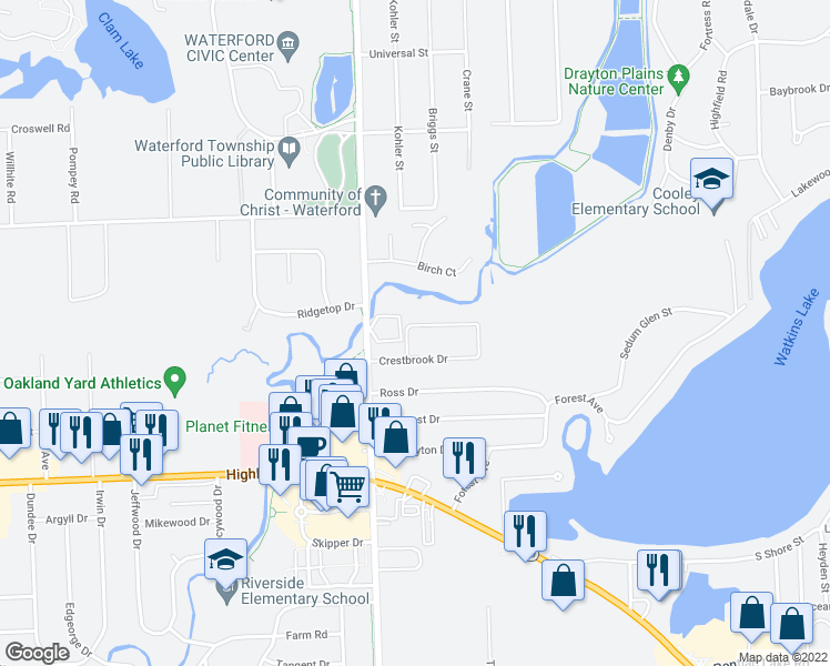 map of restaurants, bars, coffee shops, grocery stores, and more near 4911 Clintonway Drive in Waterford Township