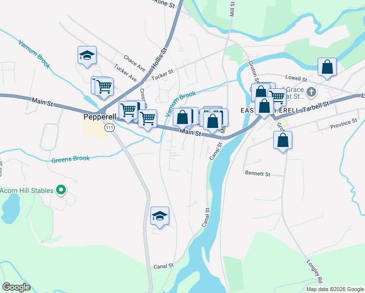 map of restaurants, bars, coffee shops, grocery stores, and more near 103 Main Street in Pepperell