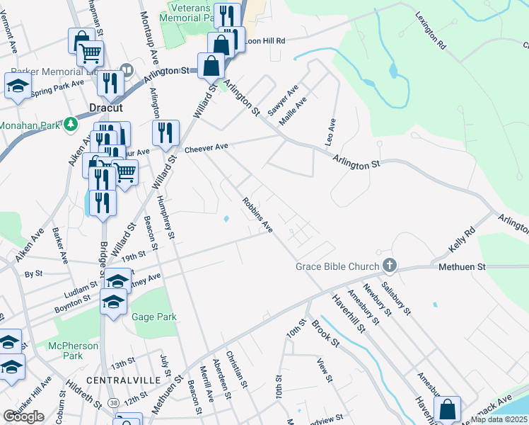 map of restaurants, bars, coffee shops, grocery stores, and more near 63 Rockwell Street in Dracut