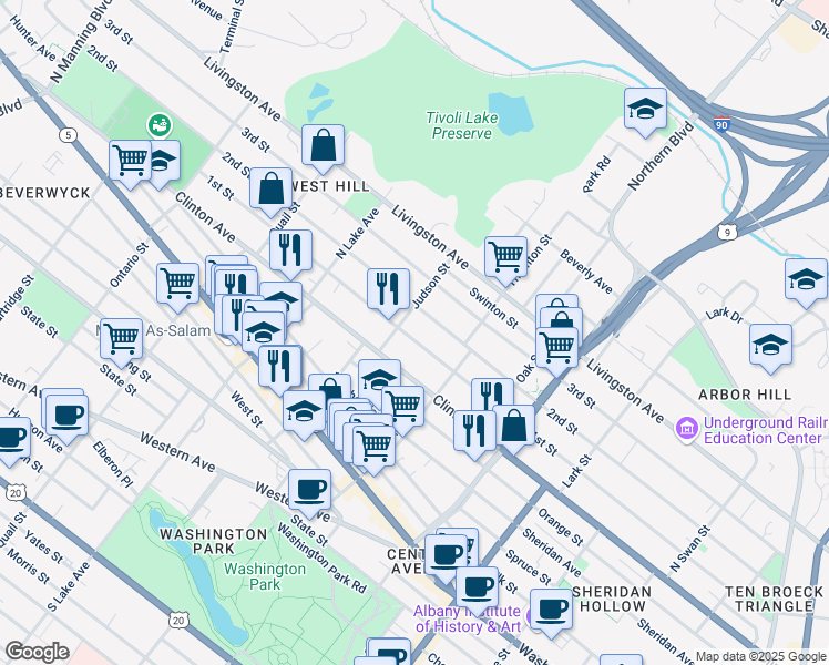 map of restaurants, bars, coffee shops, grocery stores, and more near 19 Judson Street in Albany