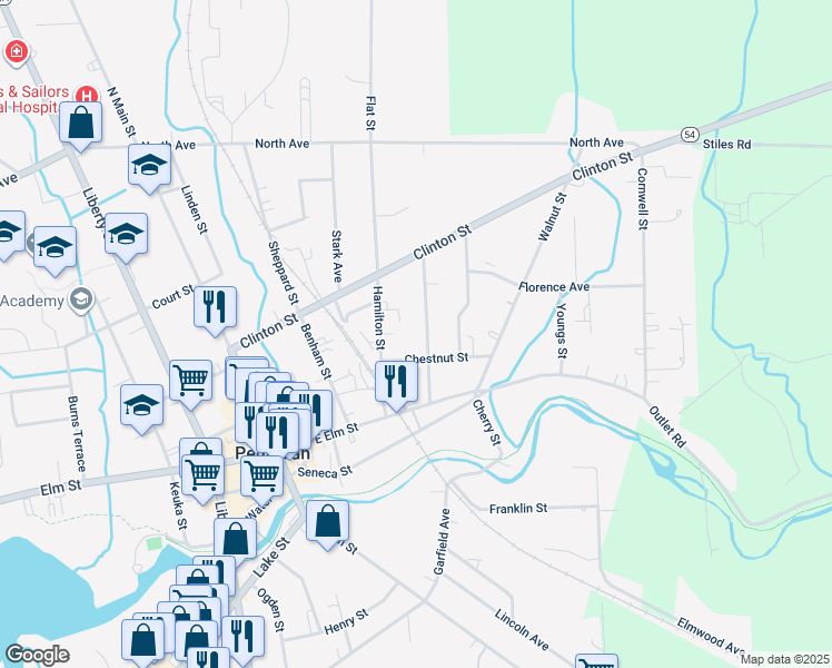 map of restaurants, bars, coffee shops, grocery stores, and more near 125 Hamilton Street in Penn Yan