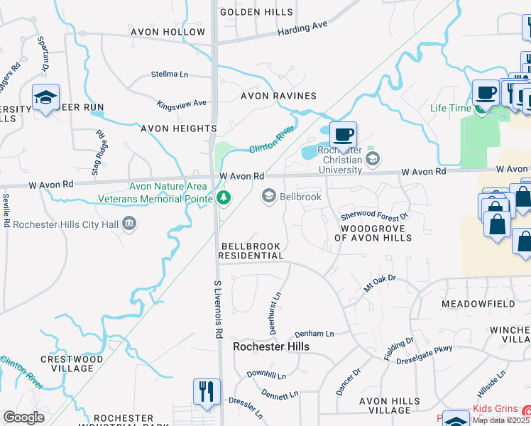 map of restaurants, bars, coffee shops, grocery stores, and more near 875 West Avon Road in Rochester Hills