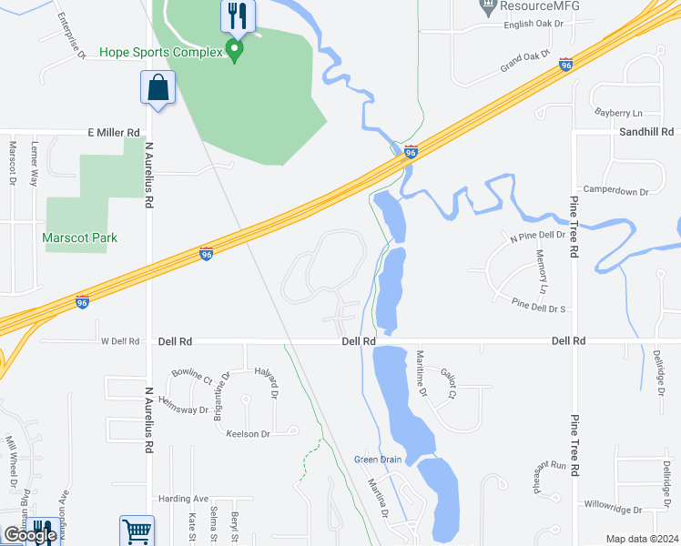 map of restaurants, bars, coffee shops, grocery stores, and more near 4320 Dell Road in Lansing