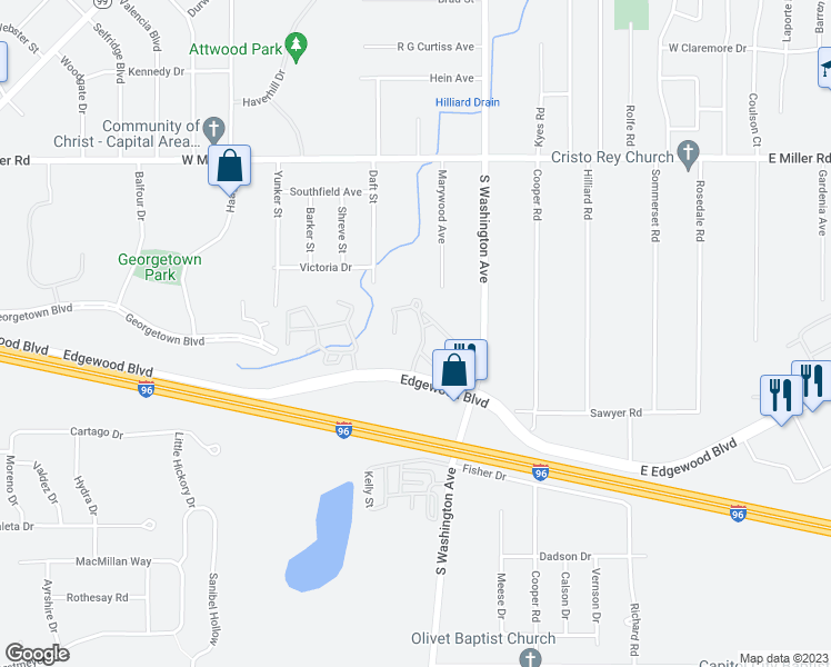 map of restaurants, bars, coffee shops, grocery stores, and more near 900 West Edgewood Boulevard in Lansing