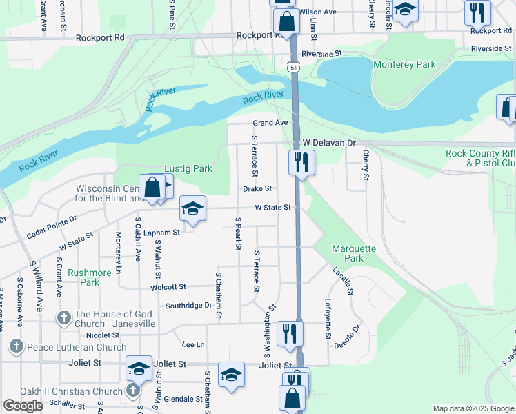 map of restaurants, bars, coffee shops, grocery stores, and more near 1202 West State Street in Janesville