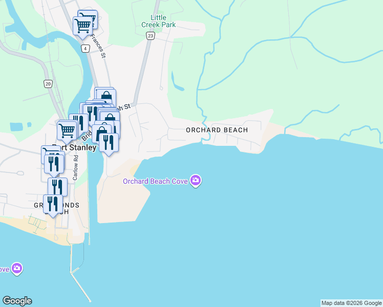 map of restaurants, bars, coffee shops, grocery stores, and more near 206 Harrison Place in Port Stanley