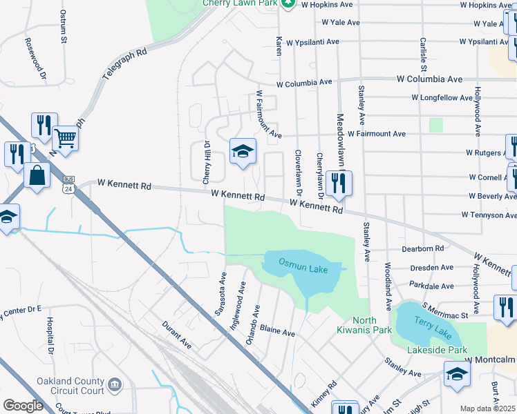 map of restaurants, bars, coffee shops, grocery stores, and more near 383-387 West Kennett Road in Pontiac