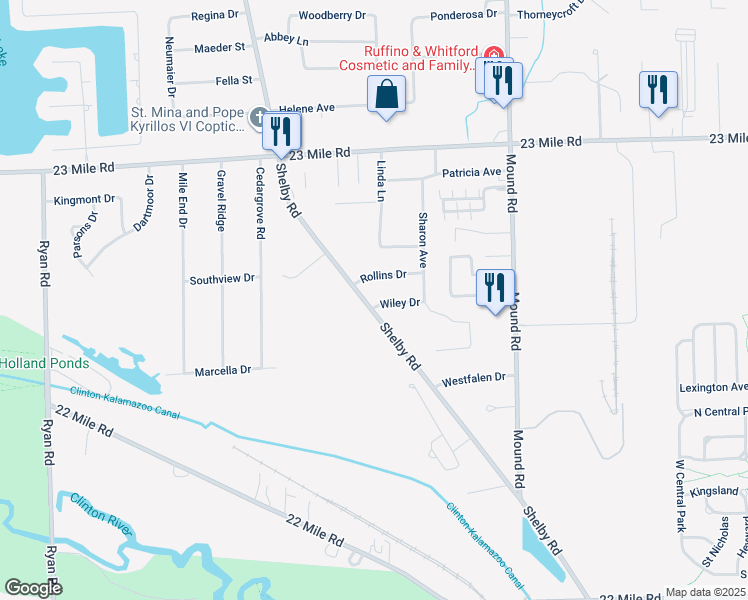 map of restaurants, bars, coffee shops, grocery stores, and more near 5315 Wiley Drive in Macomb County