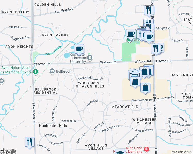 map of restaurants, bars, coffee shops, grocery stores, and more near 1204 Sherwood Court in Rochester Hills