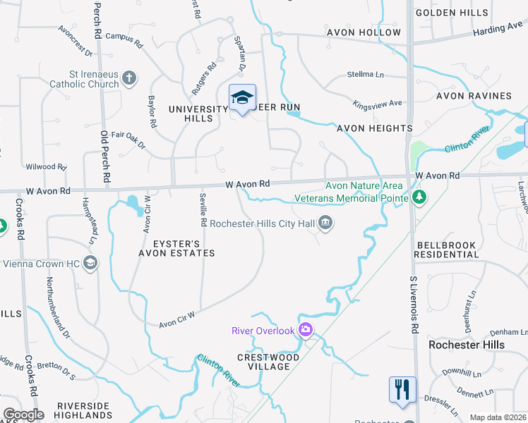 map of restaurants, bars, coffee shops, grocery stores, and more near 1063 East Avon Circle in Rochester Hills