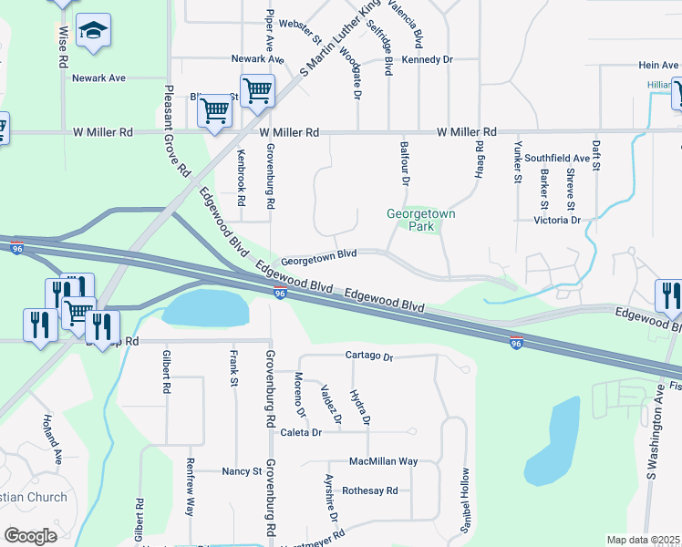 map of restaurants, bars, coffee shops, grocery stores, and more near 1901 Georgetown Boulevard in Lansing