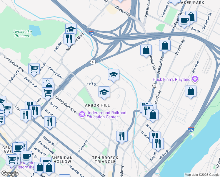 map of restaurants, bars, coffee shops, grocery stores, and more near 71a Dudley Place East in Albany