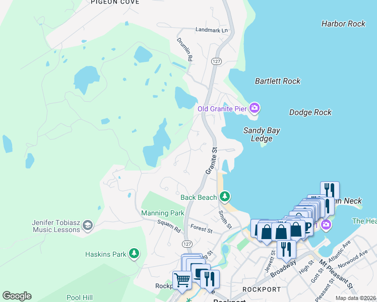 map of restaurants, bars, coffee shops, grocery stores, and more near 2 Prides Lane in Rockport