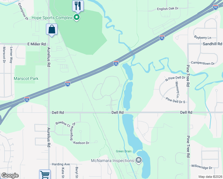 map of restaurants, bars, coffee shops, grocery stores, and more near 4320 Dell Road in Lansing