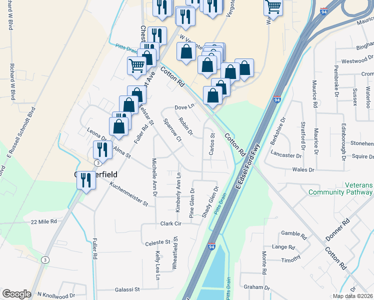 map of restaurants, bars, coffee shops, grocery stores, and more near 27271 Sparrow Court in New Baltimore