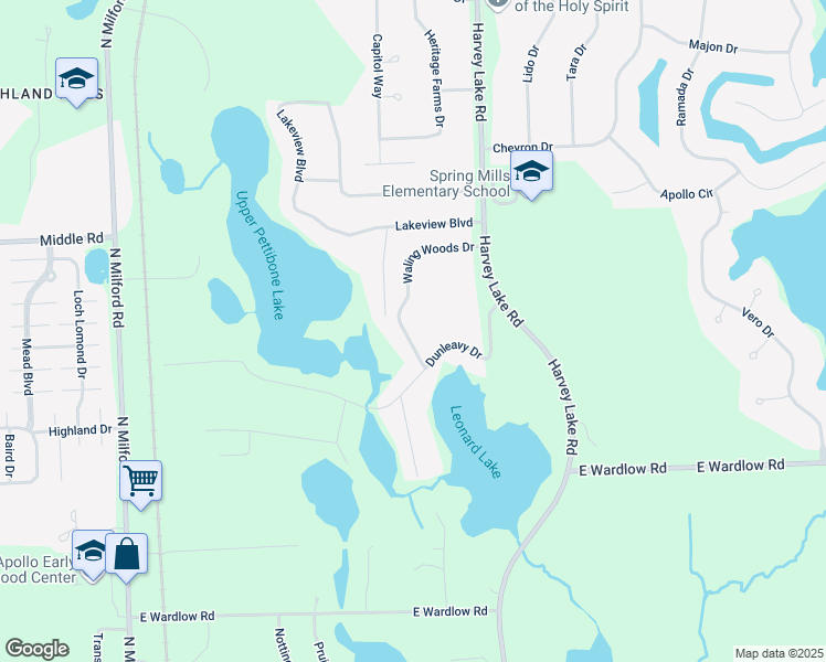 map of restaurants, bars, coffee shops, grocery stores, and more near 2754 Dunleavy Court in Oakland County