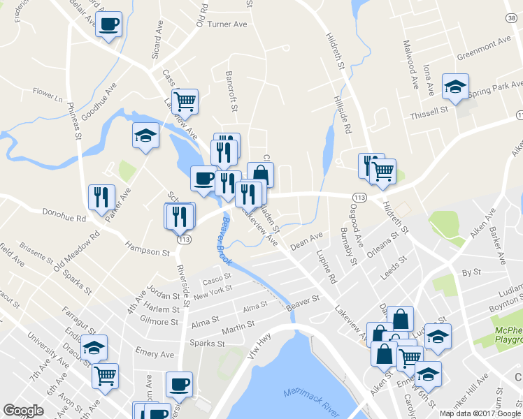 map of restaurants, bars, coffee shops, grocery stores, and more near 76 Sladen Street in Dracut