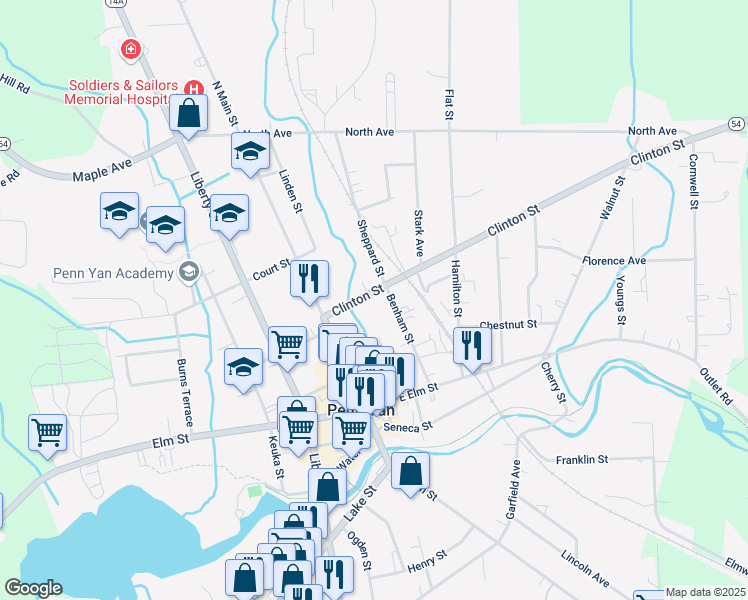 map of restaurants, bars, coffee shops, grocery stores, and more near 125 Clinton Street in Penn Yan