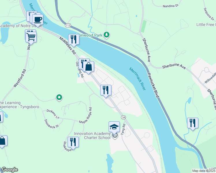 map of restaurants, bars, coffee shops, grocery stores, and more near 17 Caroline Way in Tyngsborough