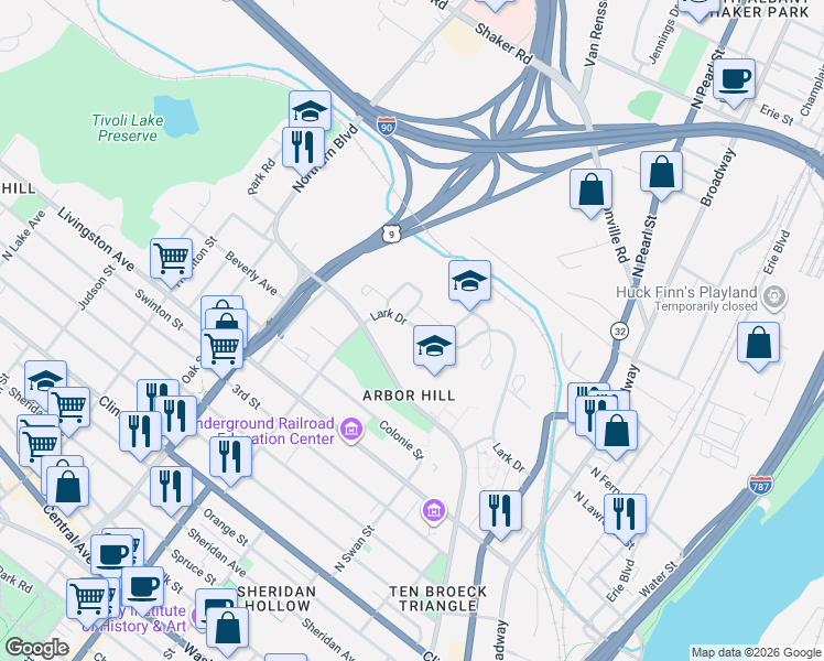 map of restaurants, bars, coffee shops, grocery stores, and more near 511 Lark Drive in Albany
