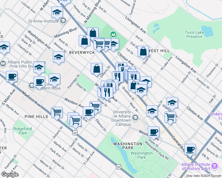 map of restaurants, bars, coffee shops, grocery stores, and more near 133 Quail Street in Albany