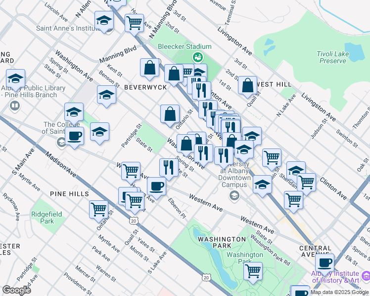 map of restaurants, bars, coffee shops, grocery stores, and more near 537 Washington Avenue in Albany