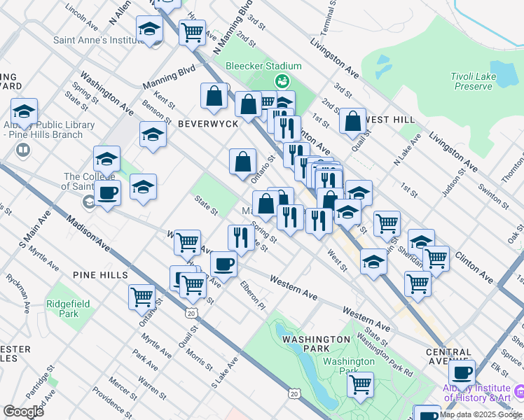 map of restaurants, bars, coffee shops, grocery stores, and more near 537 Washington Avenue in Albany