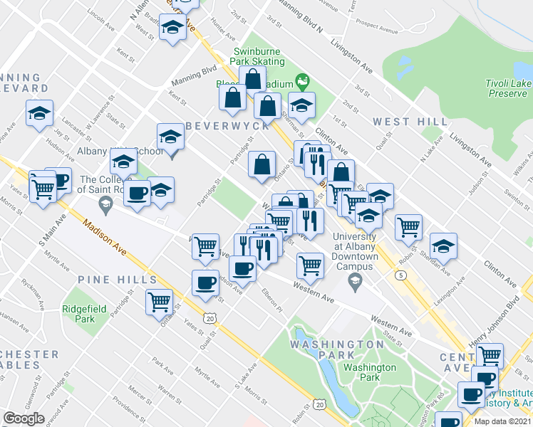 map of restaurants, bars, coffee shops, grocery stores, and more near 182 Ontario Street in Albany
