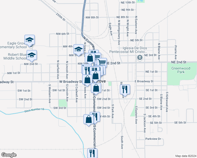 map of restaurants, bars, coffee shops, grocery stores, and more near in Eagle Grove
